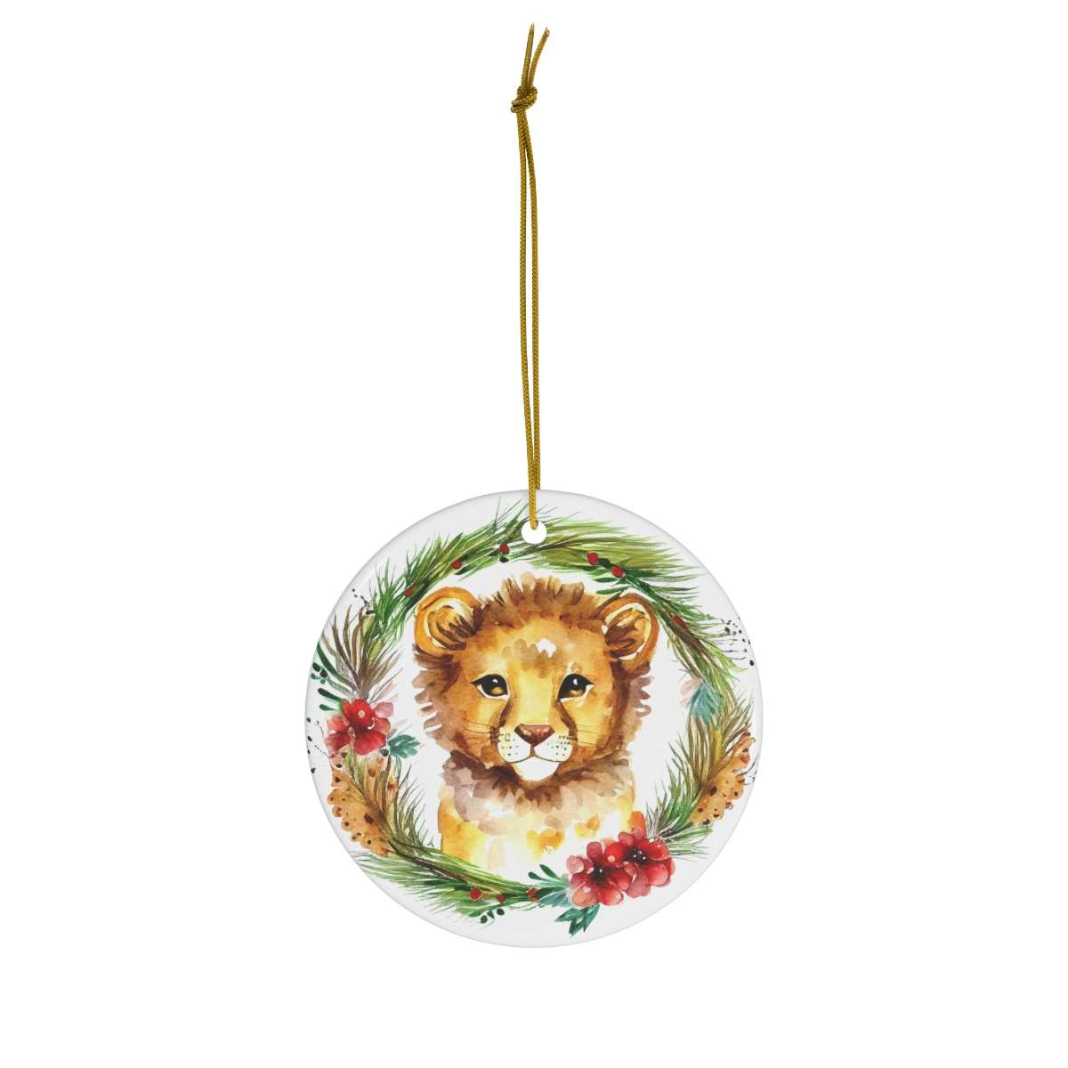 Alternative view of Christmas Lion Ornamet, Cute Baby Lion Wreath, Ceramic Christmas Ornament, Christmas Gift, Circle Shape Ceramic Tree Ornament