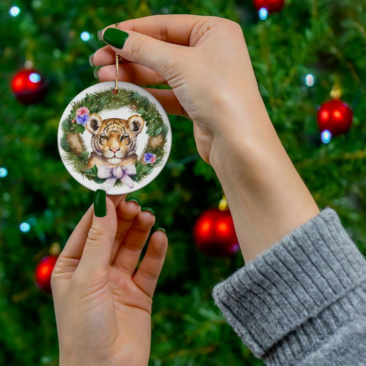 Tiger Ornamet, Cute Tiger Wreath Ceramic Christmas Ornament, Christmas Gift, Circle Shape Ceramic Tree Ornament, Gift for Tiger Lovers
