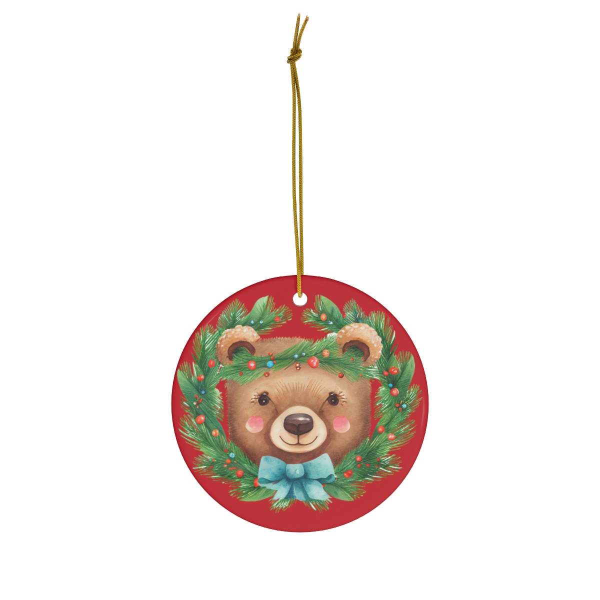 Alternative view of Christmas Bear Ornamet, Bear Wreath Ceramic Christmas Ornament, Christmas Gift, Circle Shape Ceramic Tree Ornament, Cute Bear