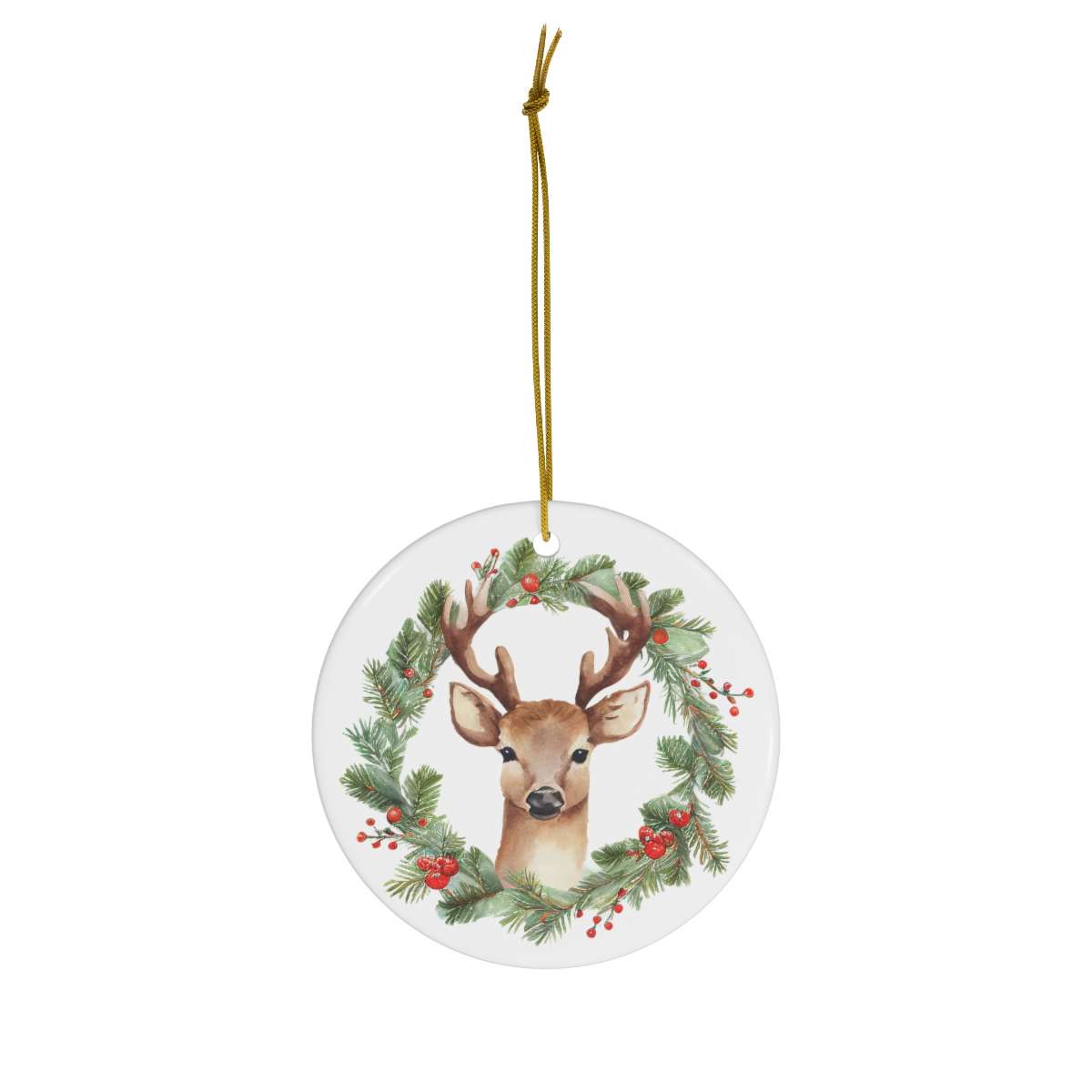 Alternative view of Reindeer Ornamet, Reindeer Wreath Ceramic Christmas Ornament, Christmas Gift, Circle Shape Ceramic Tree Ornament, Gift for Reindeer lovers
