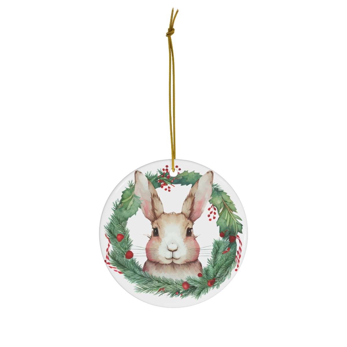 Alternative view of Vintage Bunny Rabbit, Bunny Wreath Ceramic Christmas Ornament, Christmas Gift, Circle Shape Ceramic Tree Ornament, Gift for Bunny Owners