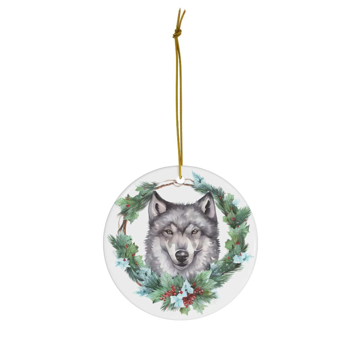 Alternative view of Christmas Wolf Ornamet, Wolf Wreath Ceramic Christmas Ornament, Christmas Gift, Circle Shape Ceramic Tree Ornament, Gift for the Brave Wolve