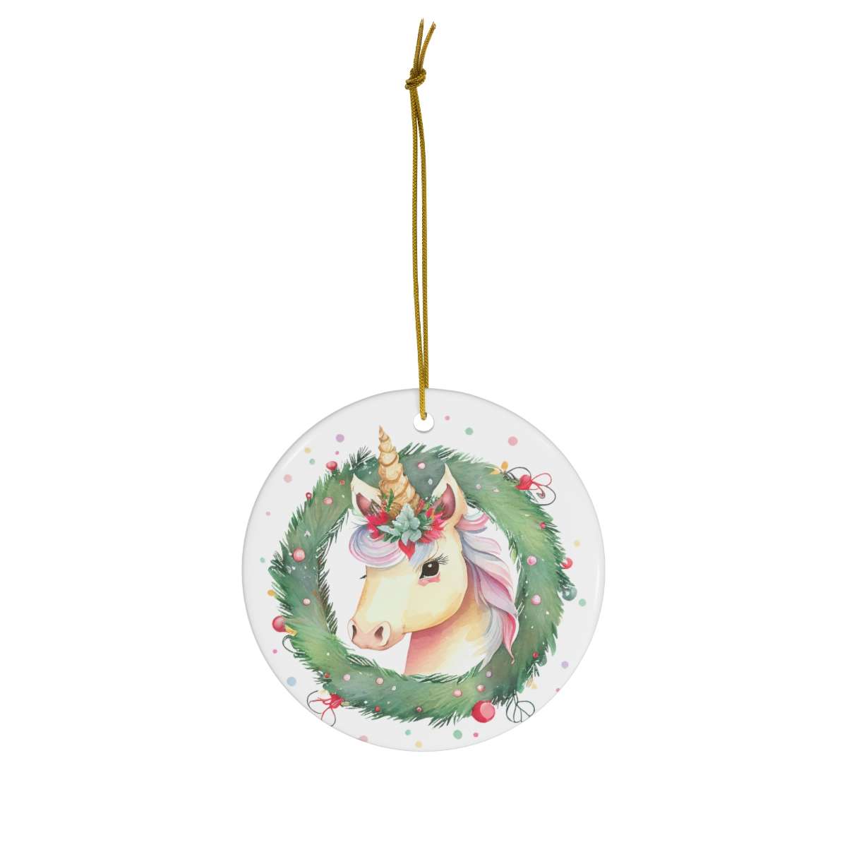Alternative view of Christmas Unicorn Ornamet, Unicorn Wreath Ceramic Christmas Ornament, Christmas Gift, Circle Shape Ceramic Tree Ornament, Gift for Unicorn