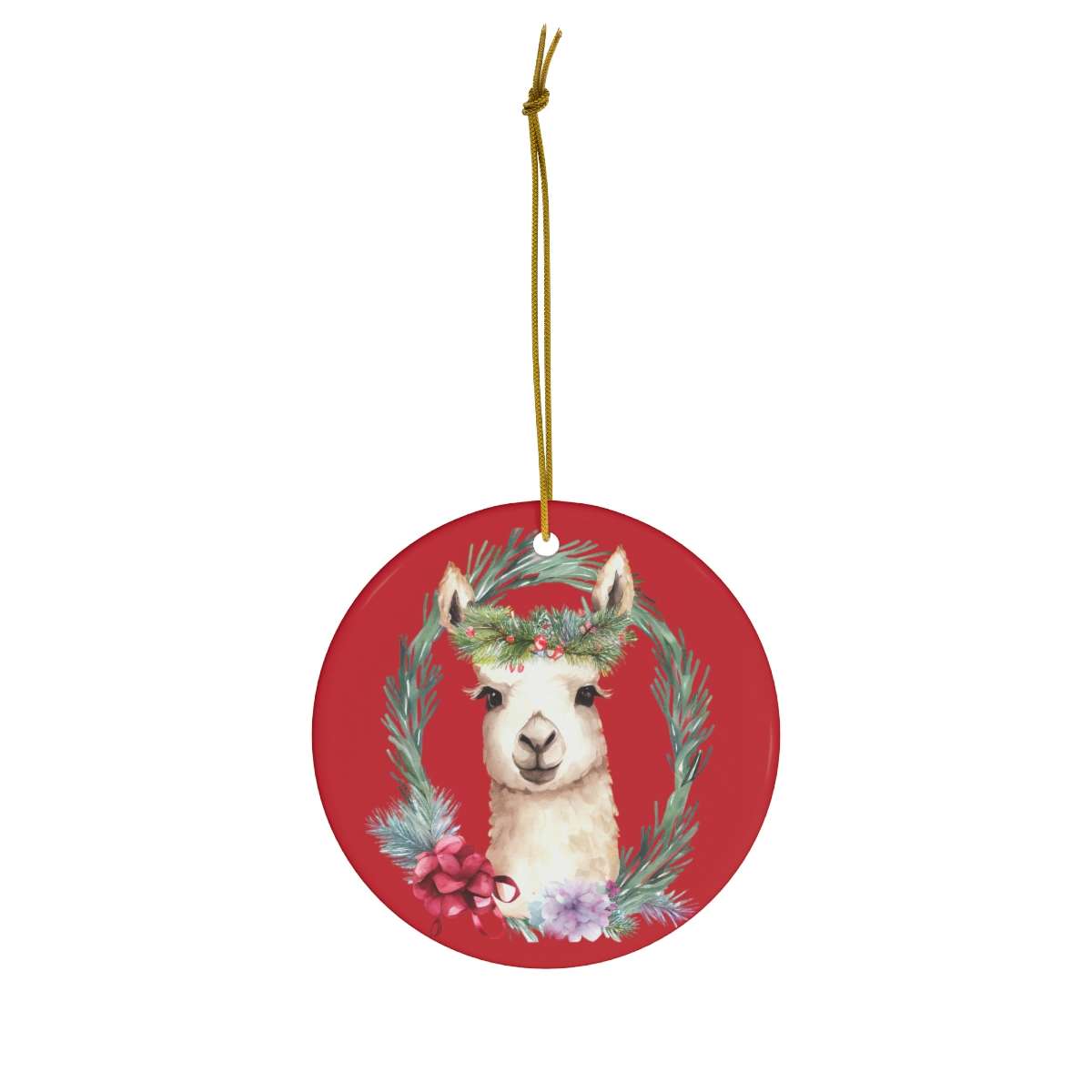 Alternative view of Christmas Llama Ornamet, Llama Wreath Ceramic Christmas Ornament, Christmas Gift, Circle Shape Ceramic Tree Ornament, Gift for Llama Lovers