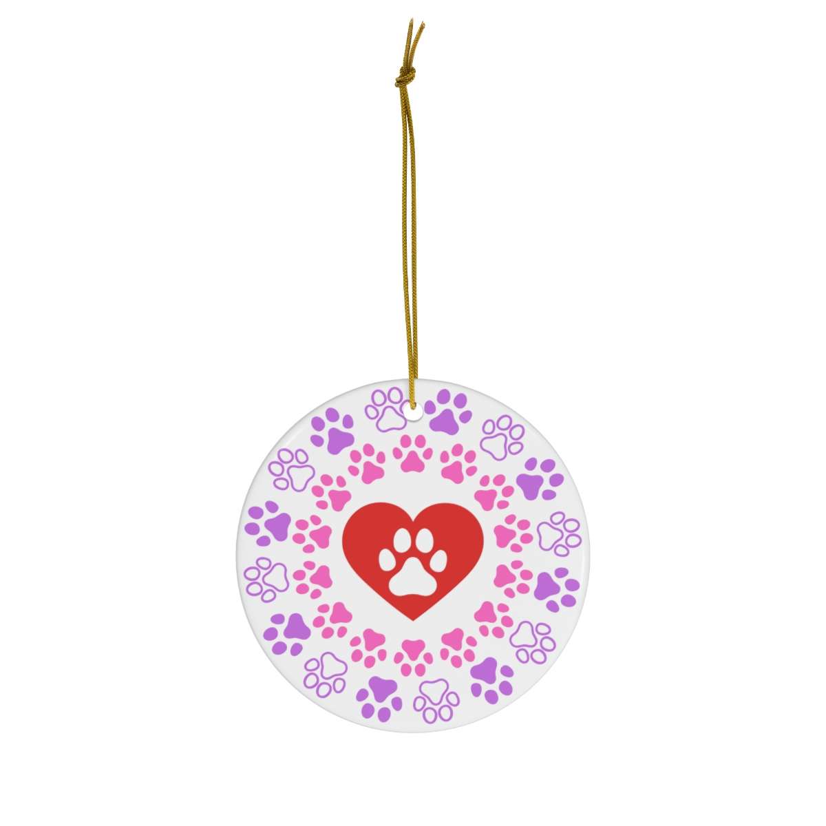 Alternative view of Dog Paws Ceramic Christmas Ornament, Christmas Gift, Circle with Pink and Purple Doggie paws, Red Heart