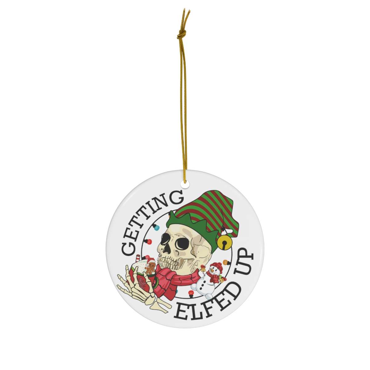 Alternative view of Funny Elf Ornamet, Elf Jokes, Skull Getting Elfed Up, Santa Jokes, Ceramic Christmas Ornament, Christmas Gift, Holiday Joke