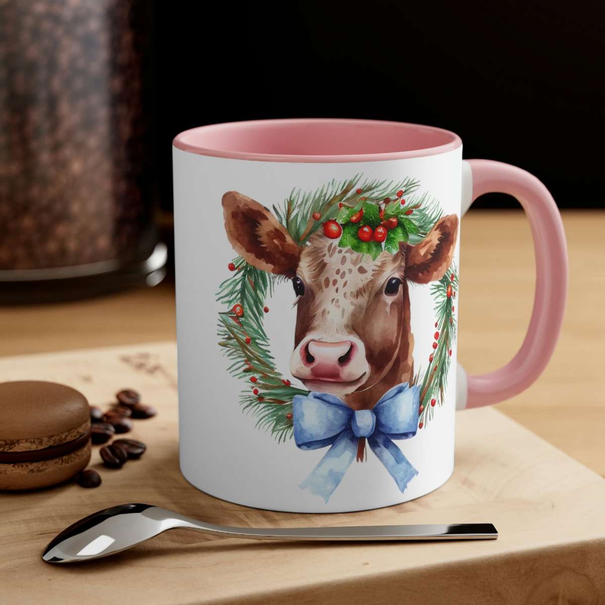 Cow Christmas Mug, Cow Mug, Ceramic Coffee Mug, Cute Cow, Holiday Wreath, Large Capacity, Colored inside, Comfortable Handle, Unique Design
