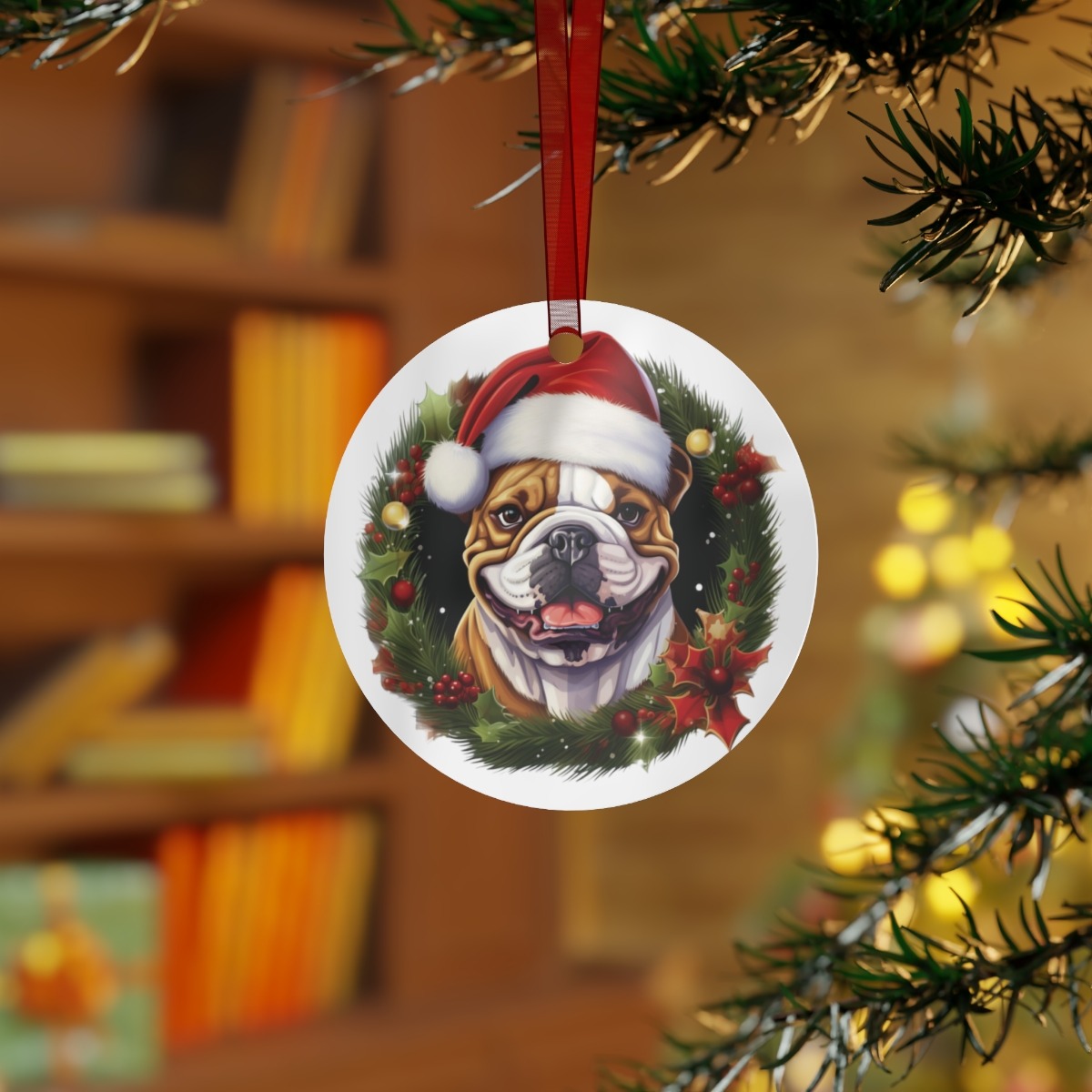 Bulldog Delightful Wreath Metal Christmas Decor Personalized Pet Ornament, Custom Dog Christmas Tree Round Aluminum Ornament Cool Gift