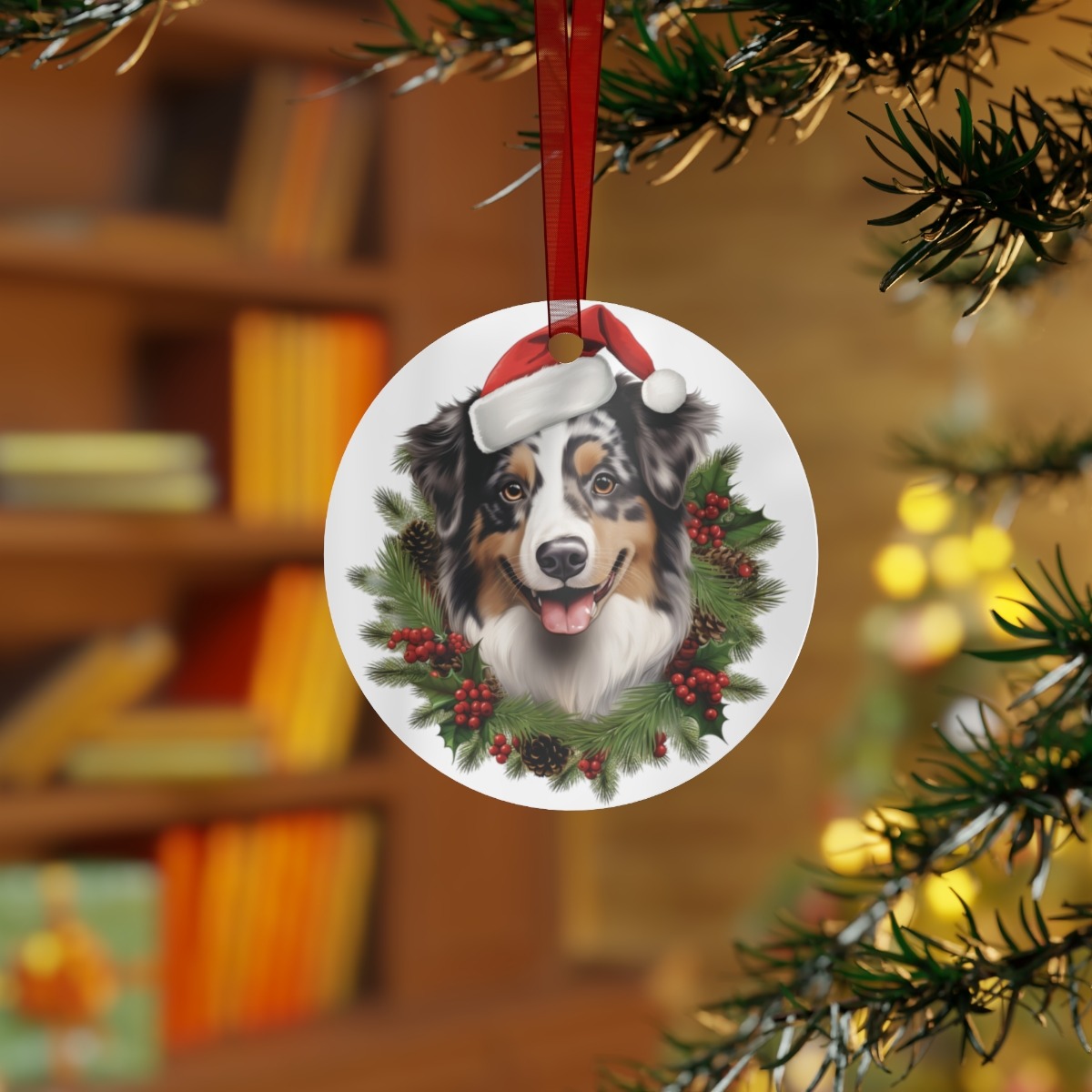 Australian Shepherd Festive Wreath Metal Ornament Personalized Pet Ornament, Custom Dog Christmas Tree Round Aluminum Ornament Cool Gift